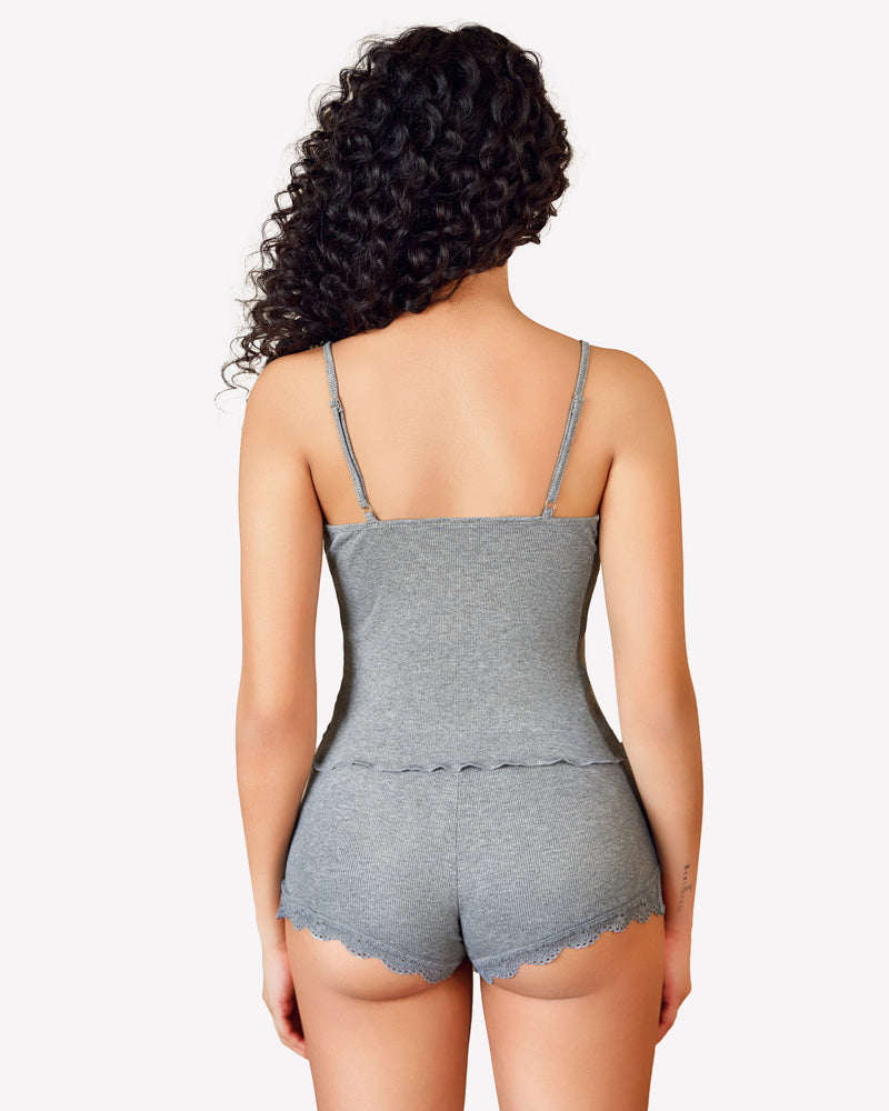 Grey cami pajama set with lace trim. Soft, breathable, and comfortable sleepwear for women.