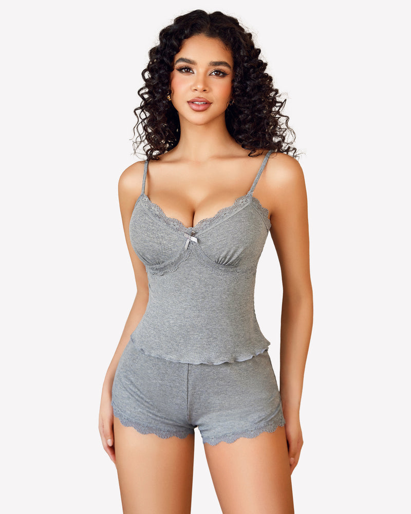 Gray cami pajama set with lace trim, soft and comfortable for a relaxing night.