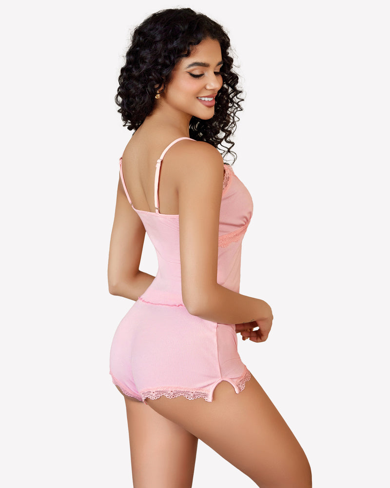 Pink lace trim cami pajama set, soft and comfortable. Adjustable straps and side slit design.