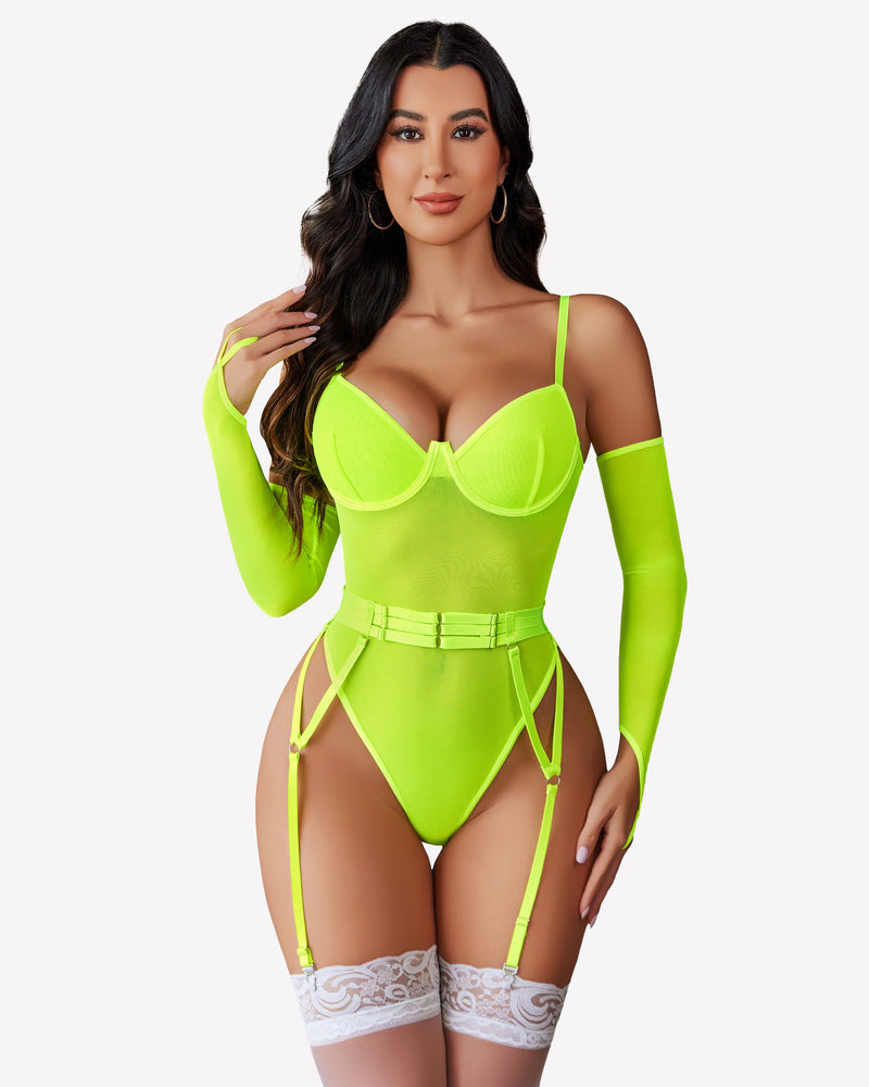 Neon green mesh garter teddy with oversleeves, sexy lingerie with deep V neckline