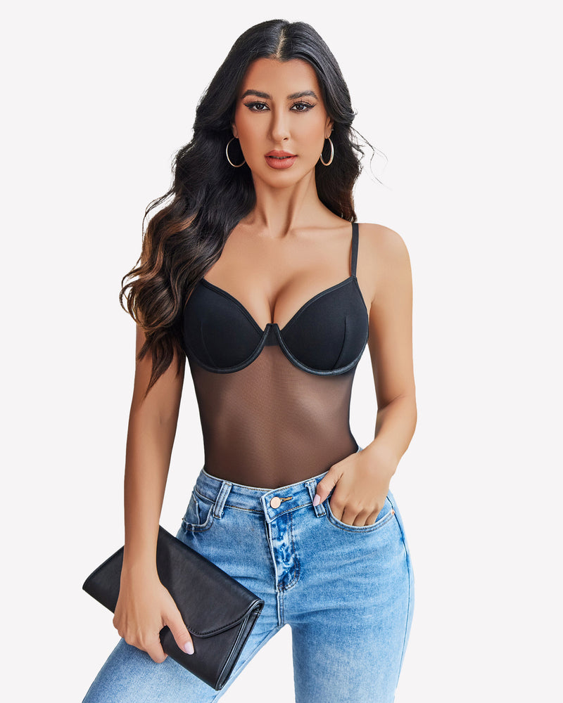 Black mesh garter teddy with deep V neckline and underwire support. Sexy lingerie.