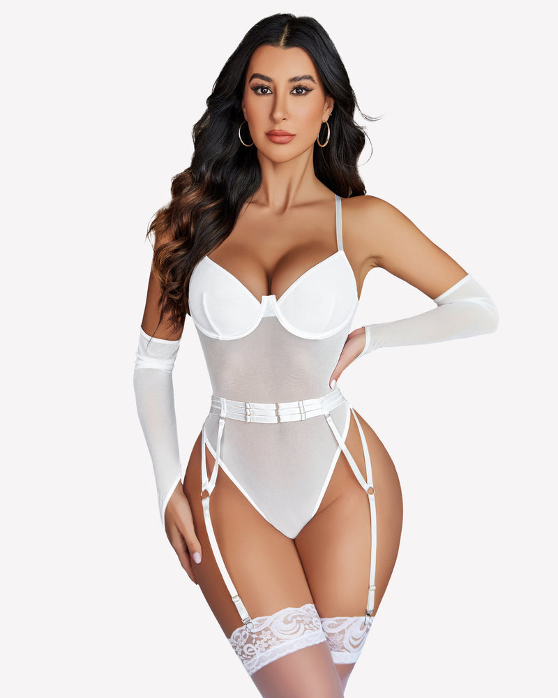 White mesh garter teddy lingerie set with oversleeves, deep V-neckline. Sexy lingerie for women.