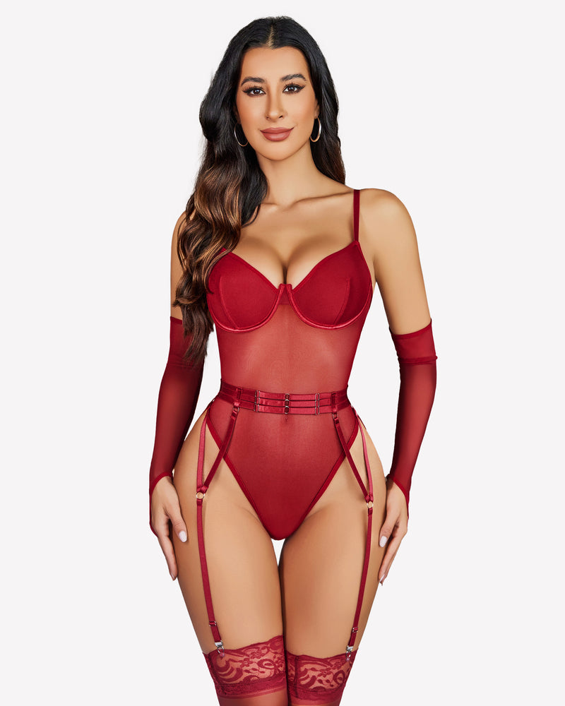 Burgundy mesh garter teddy with oversleeves, deep V-neckline. Sexy lingerie set for women.