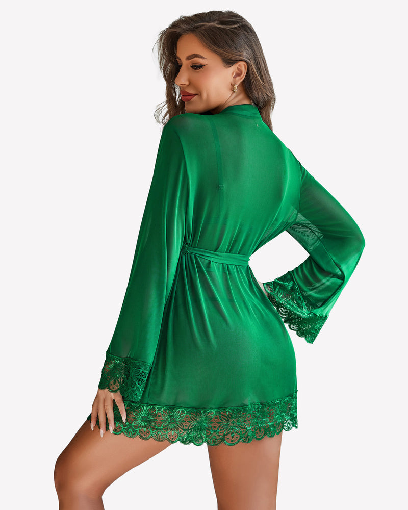 Green mesh robe with lace trim, part of a 2-piece set, designed for a confident and sexy look.