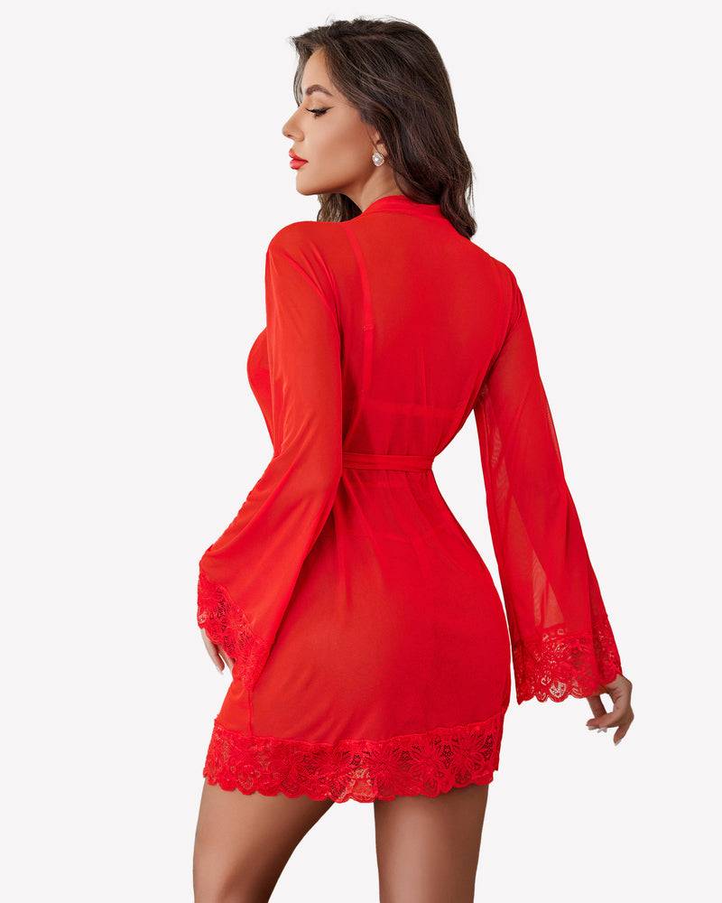Red mesh robe and lace lingerie set with floral lace details. Sexy lingerie for confident women.
