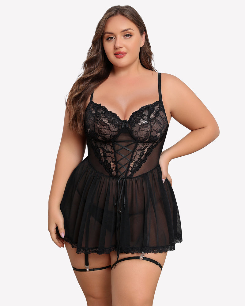 Plus size black lace babydoll with garter belt, sheer lace cups, and mesh skirt.