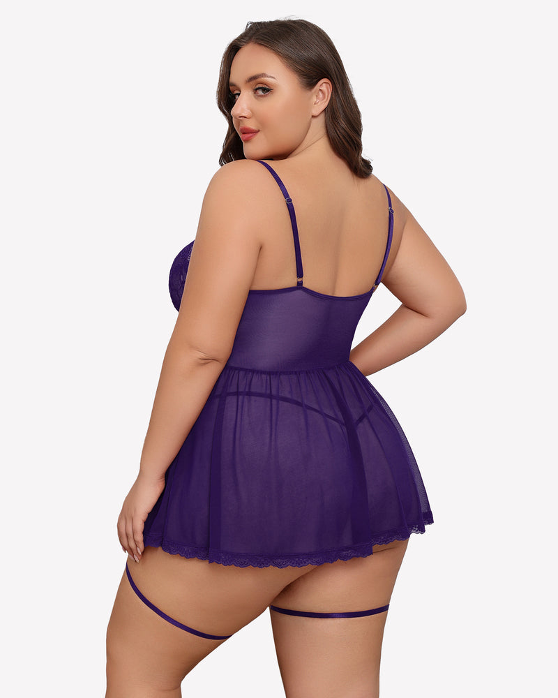 Plus size purple lace babydoll with garter belt, sheer cups and mesh skirt, model wearing lingerie