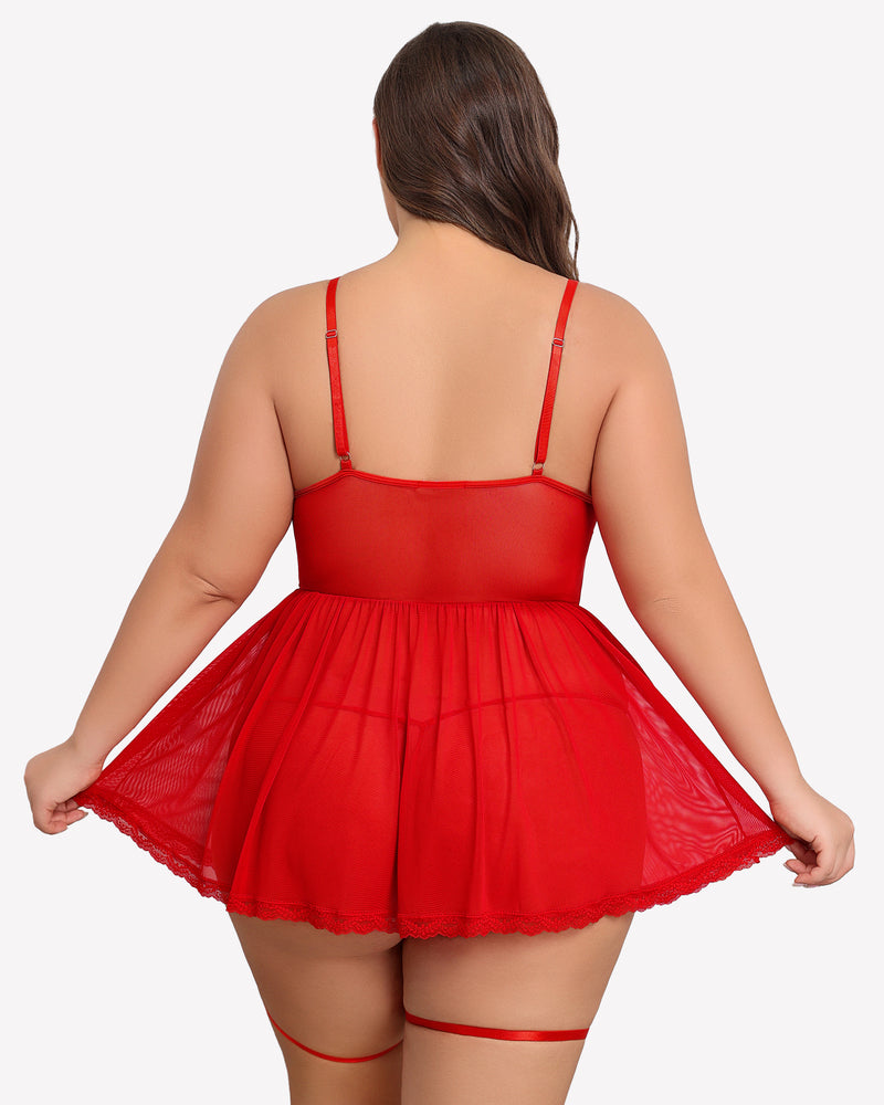 Plus Size Red Lace Babydoll Lingerie Set with Garter Belt. Soft mesh and lace details.
