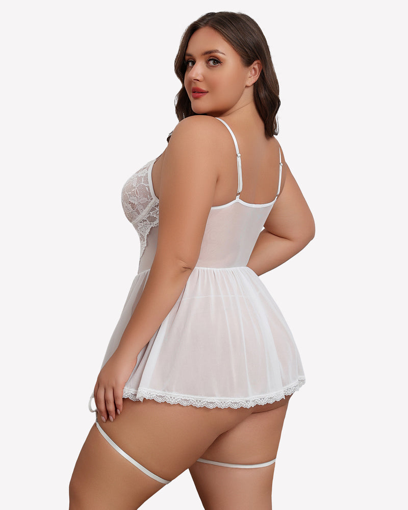 Plus size white lace babydoll with garter belt, sheer cups and mesh skirt, model wearing lingerie
