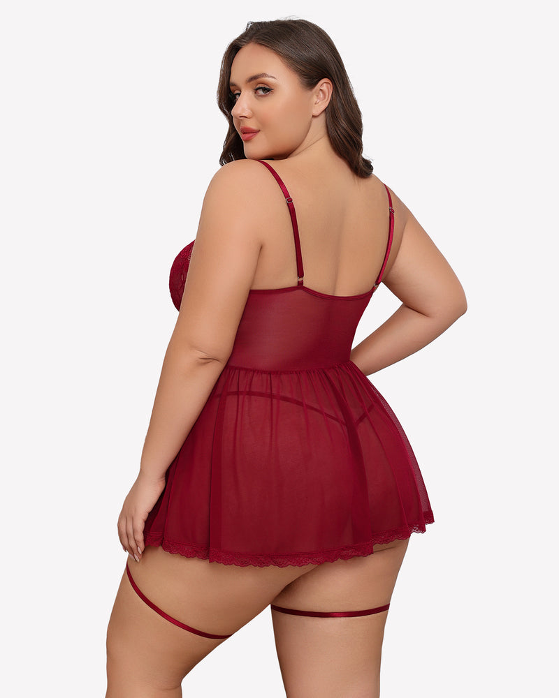 Plus size burgundy lace babydoll with garter belt, sheer cups, and mesh skirt