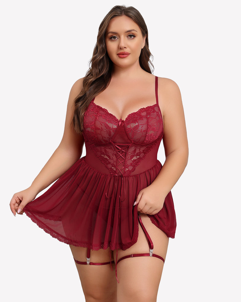 Plus size burgundy lace babydoll with garter belt, sheer cups and mesh skirt