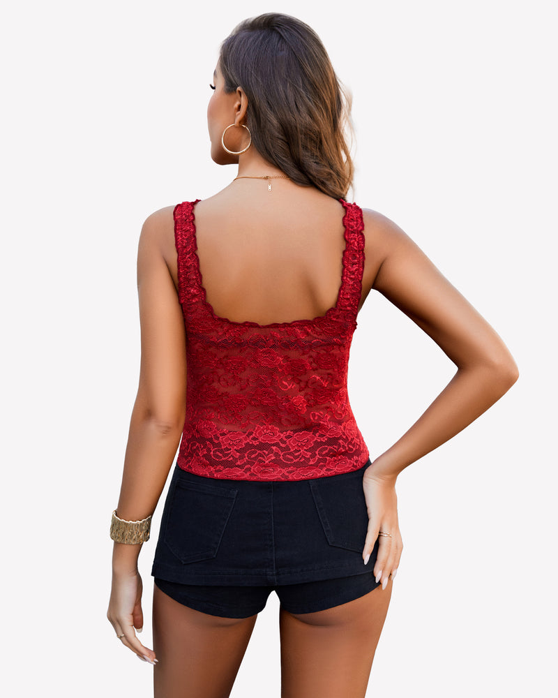 Red lace crop top, mesh tank top, paired with black denim shorts, a trendy and airy look