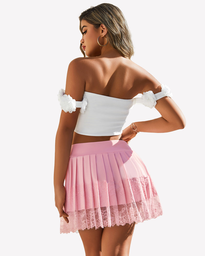 Pink pleated lace mini skirt with white crop top, perfect for parties and clubs, high waist design