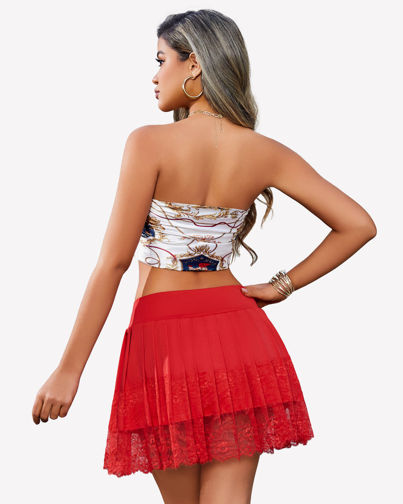 Red pleated lace mini skirt with white patterned top, high waist, perfect for parties and clubs