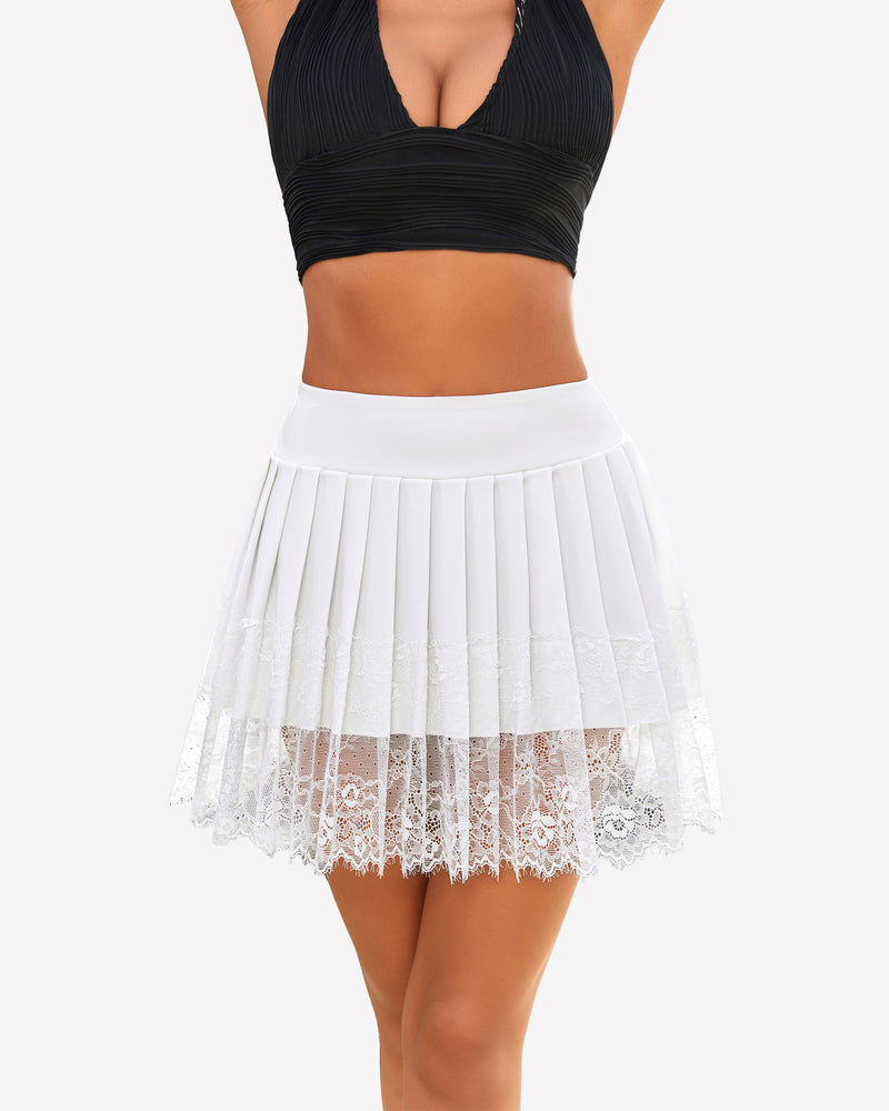 White pleated lace mini skirt with high waist and lace trim, paired with black halter top