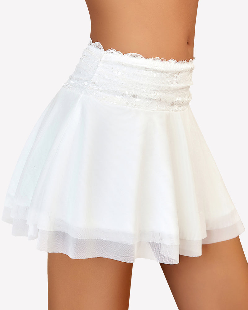 White pleated skirt with lace panel and ruffle hem, A-line flared silhouette, ballet style