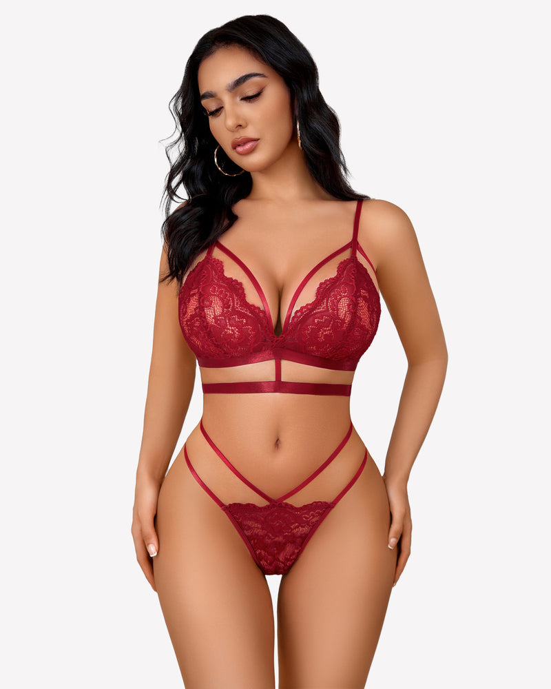 Burgundy lace bra and panty set with strappy details. Sexy lingerie set for women.