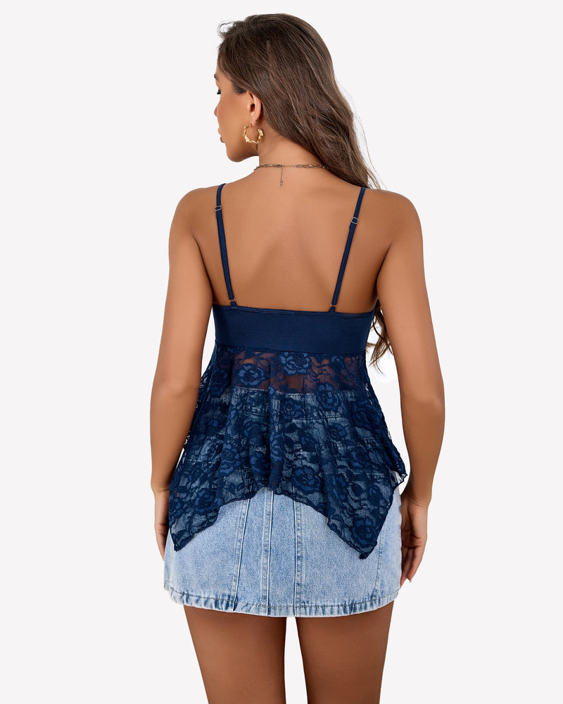 Navy blue Y2k floral lace camisole top with adjustable straps and denim skirt. Sexy Y2k camisole.