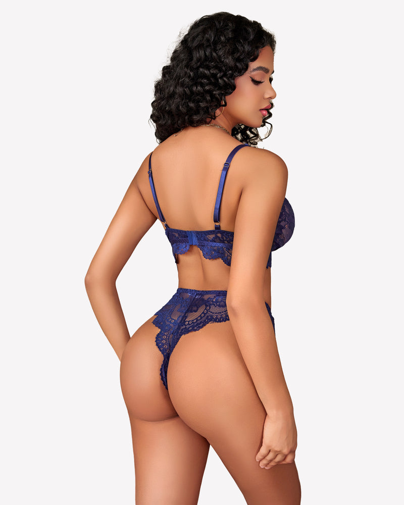 Navy blue floral lace bra and panty set with adjustable straps, elegant lingerie