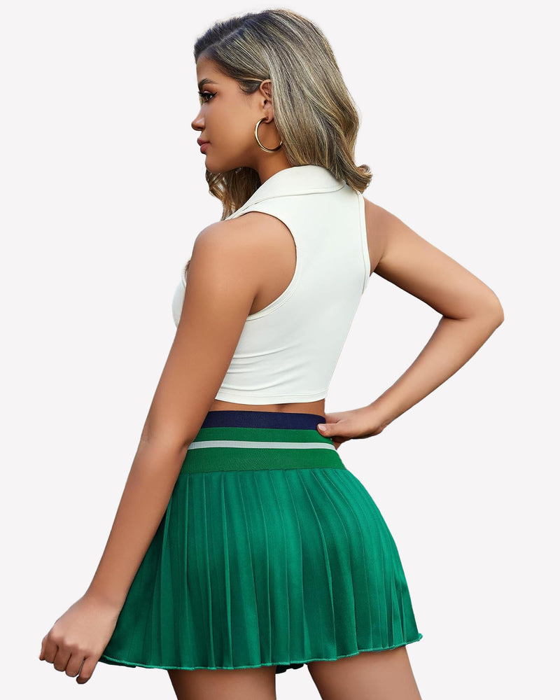 Green pleated mini skirt with high waist and striped waistband. Y2k style for women.