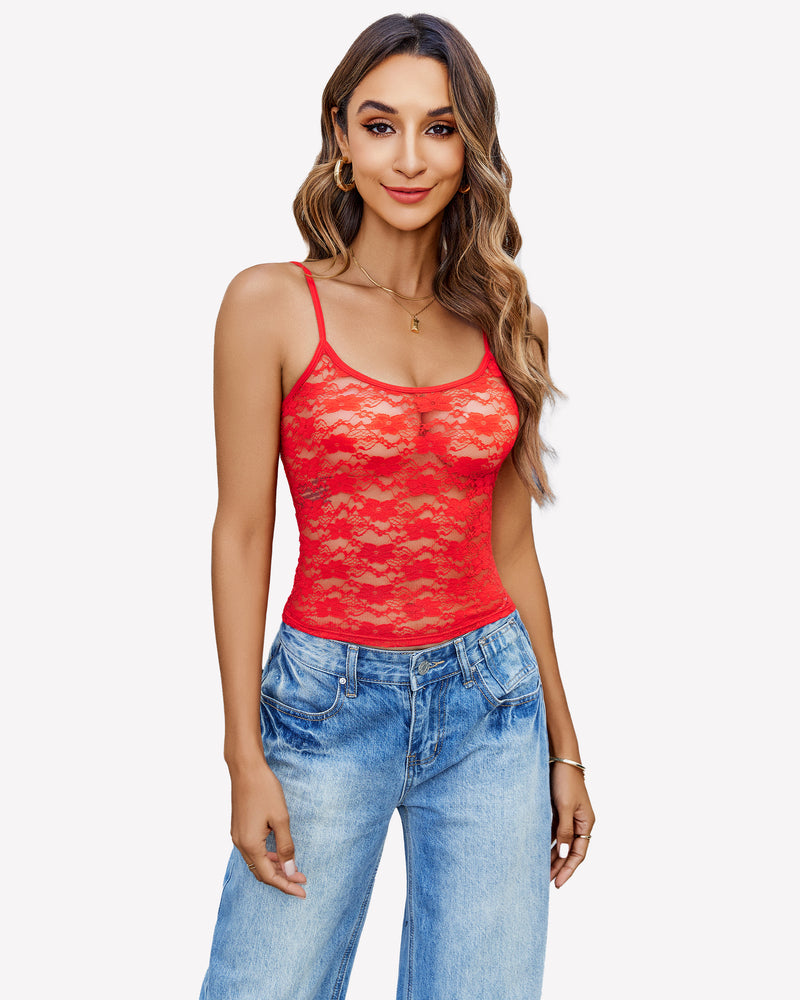 Red lace Y2k crop top with spaghetti straps and blue jeans, perfect for going out