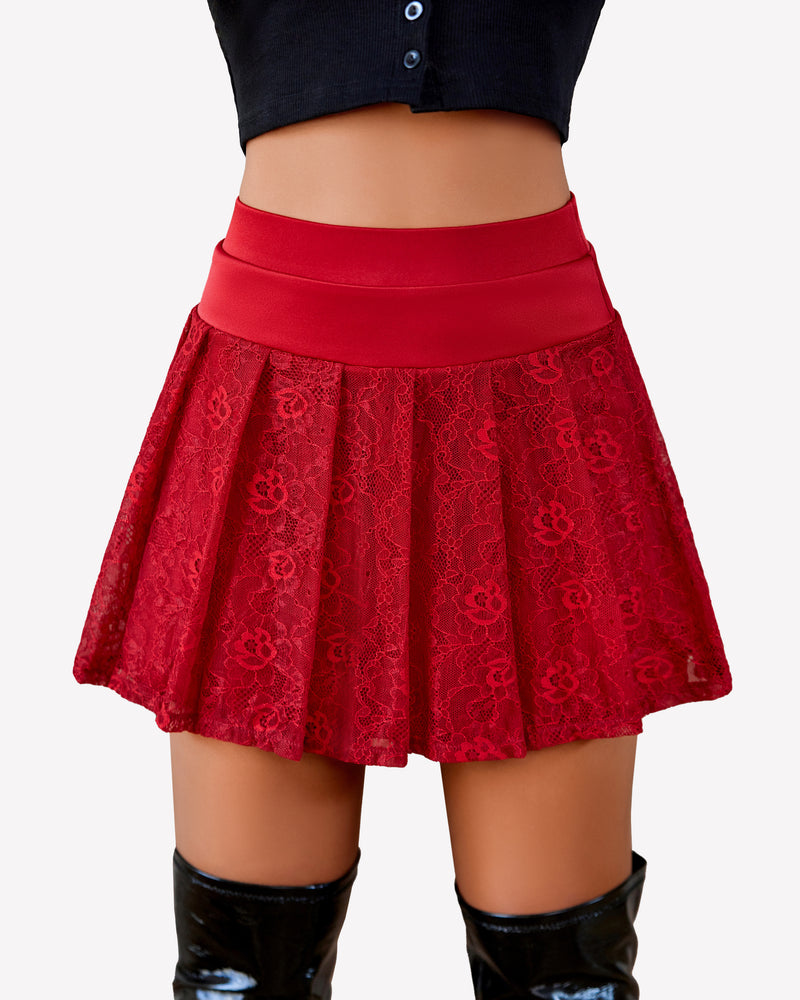 Red pleated lace mini skirt with wide waistband and flared A-line hem