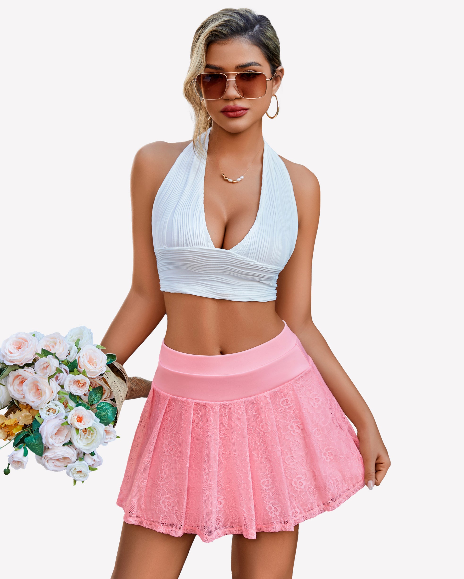 Pink lace pleated skater skirt with white halter top, high-waisted design, Avidlove lingerie
