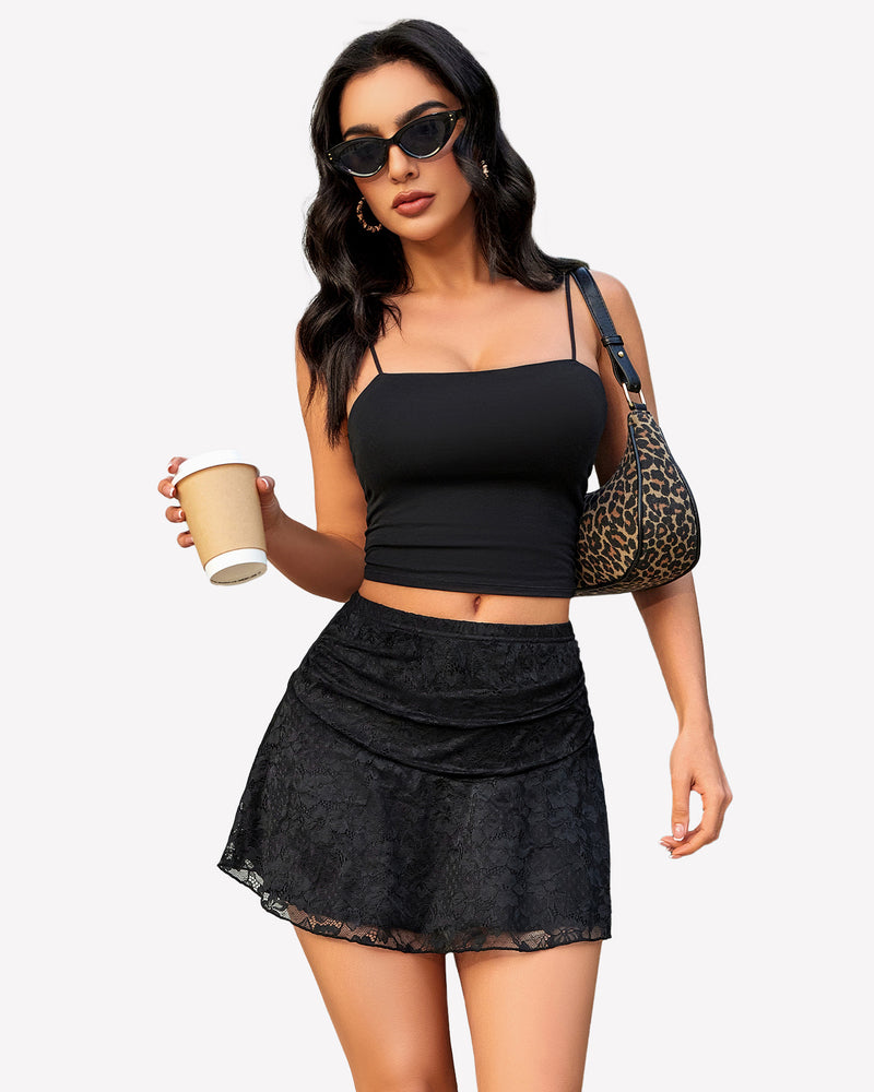 Black lace A-line ruched miniskirt, spring/summer wear, paired with black top and accessories.