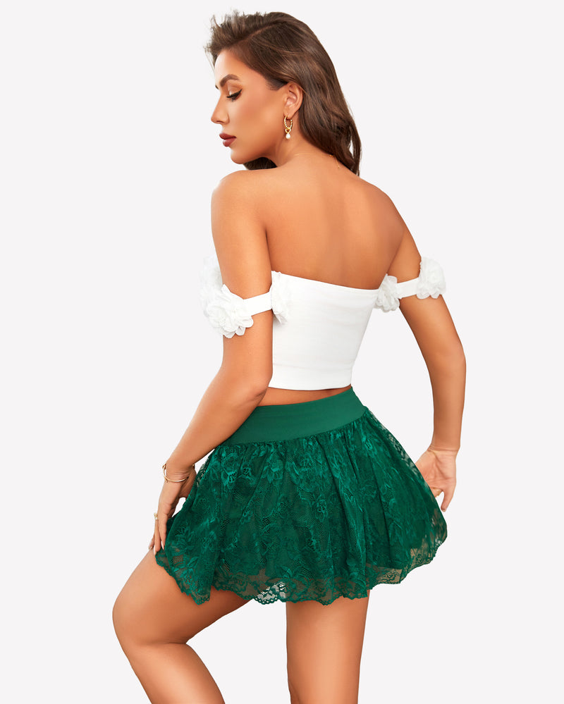 Green lace pleated mini skirt with ruffle hem, paired with a white off-the-shoulder top