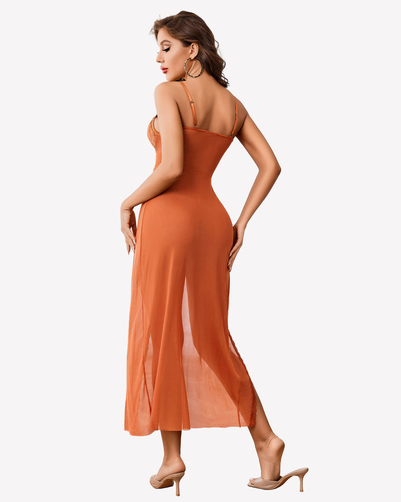 Orange lace chemise nightdress with side split, sheer lace cups, and mesh skirt.