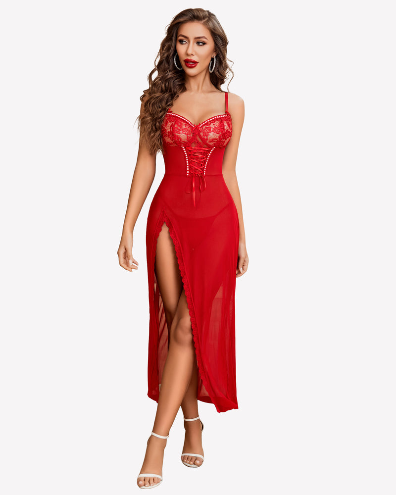 Red lace chemise nightdress with side split, sheer lace cups, and corset detail. Sexy lingerie.