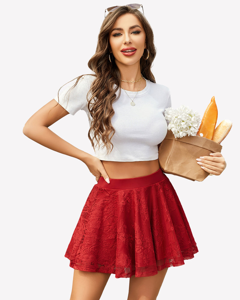 Red lace skater skirt with white top, A-line silhouette, perfect for stylish outfits.