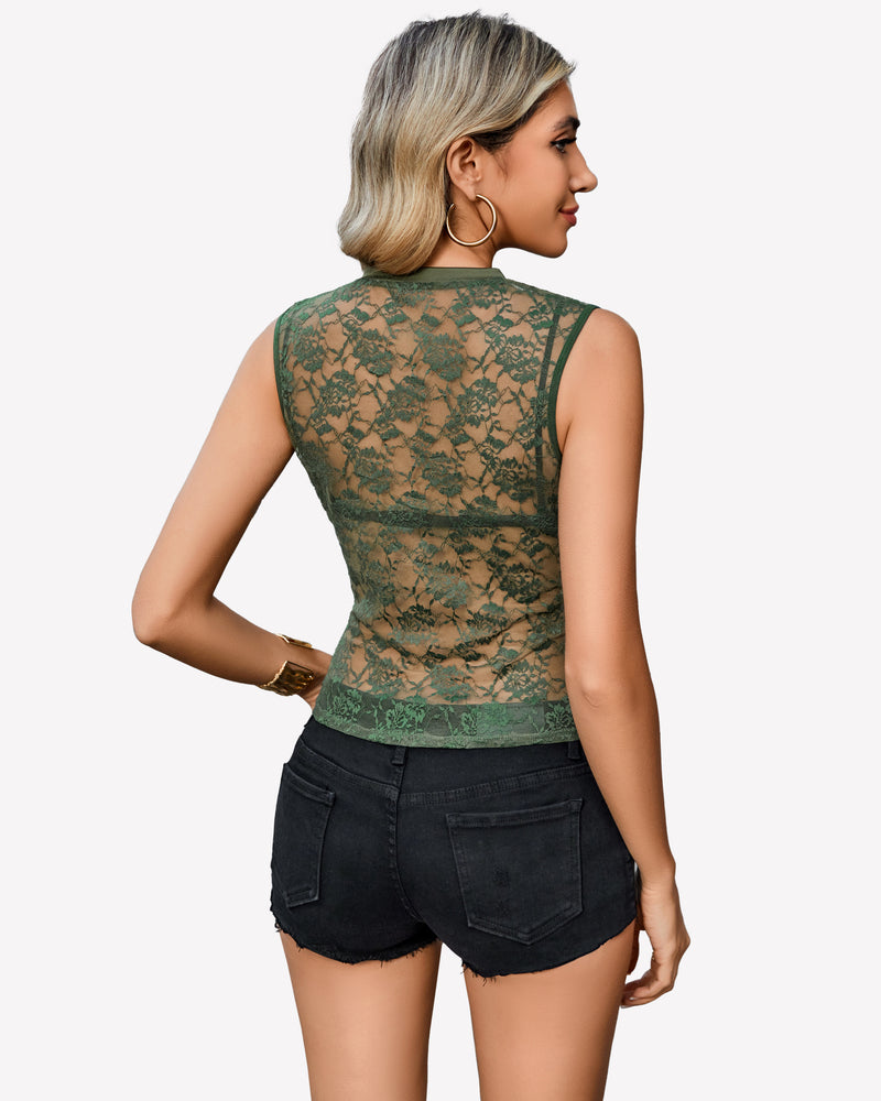 Green floral lace mock neck tank top with black shorts. Sheer, sleeveless, and elegant.