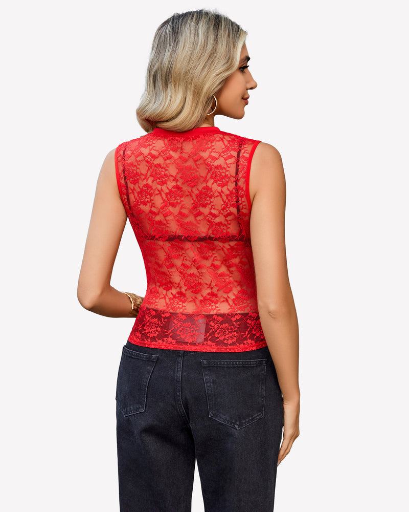 Red floral lace mock neck tank top with black jeans. Sheer, elegant outfit.