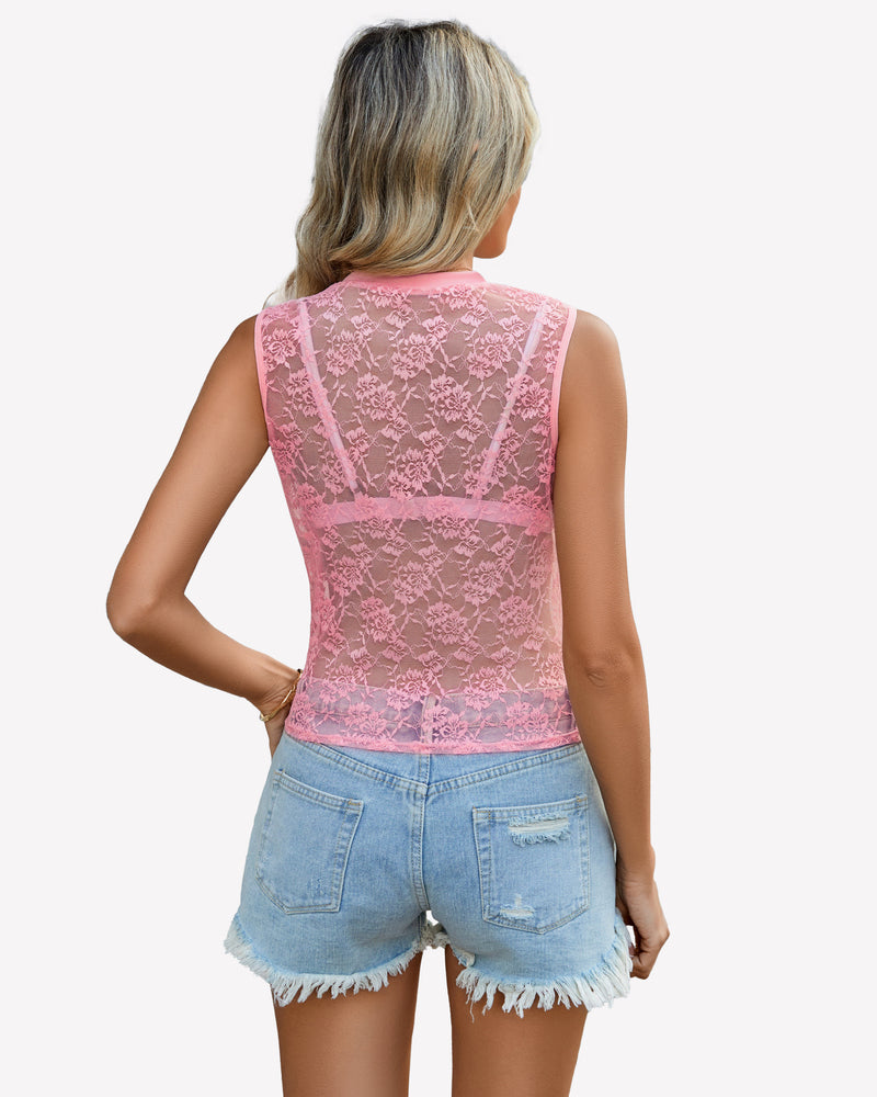 Pink floral lace mock neck tank top and denim shorts. Sheer, sleeveless, and elegant.