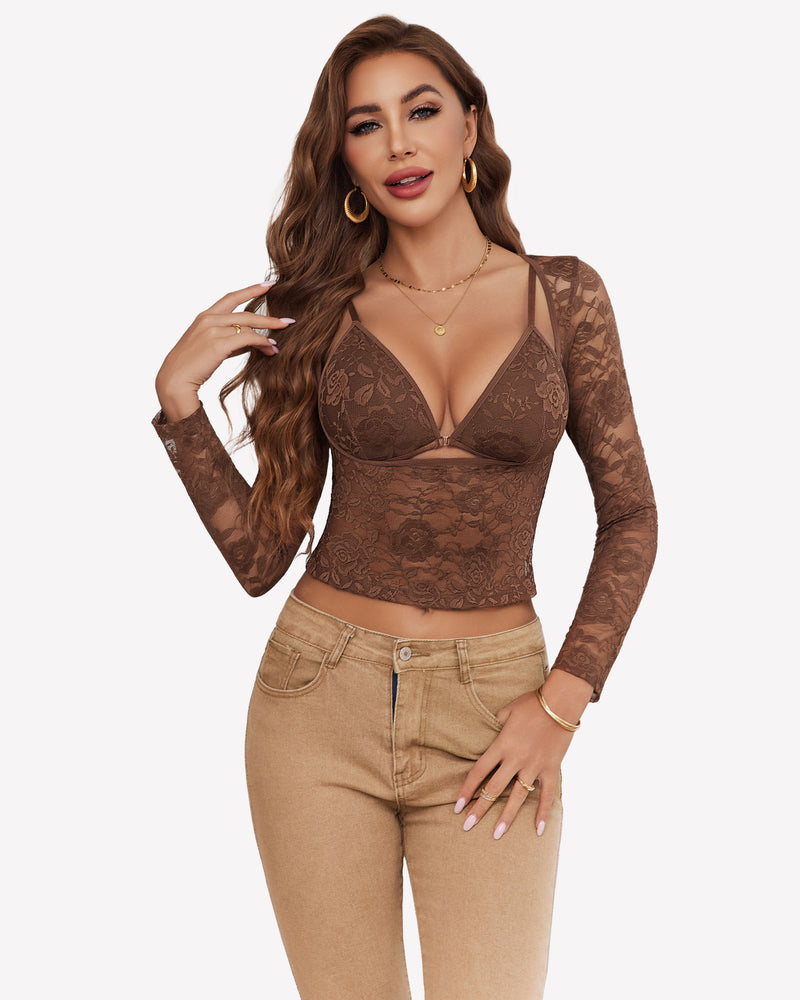 Brown floral lace mesh long sleeve crop top with bra set, sexy lingerie for women