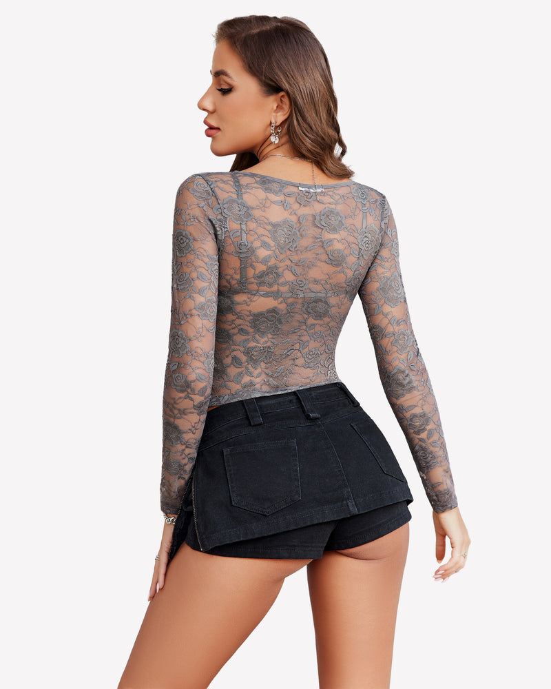 Gray floral lace mesh crop top with bra set and black denim shorts, sexy lingerie