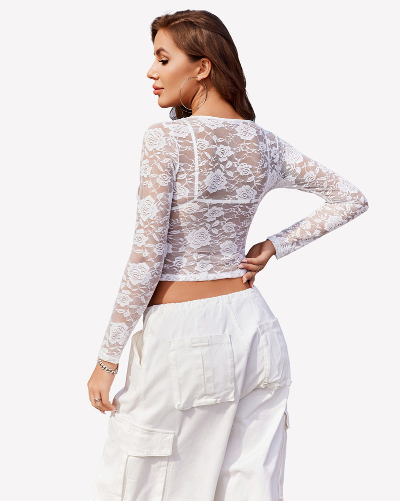White floral lace mesh long sleeve crop top with bra set, paired with white pants, sexy lingerie