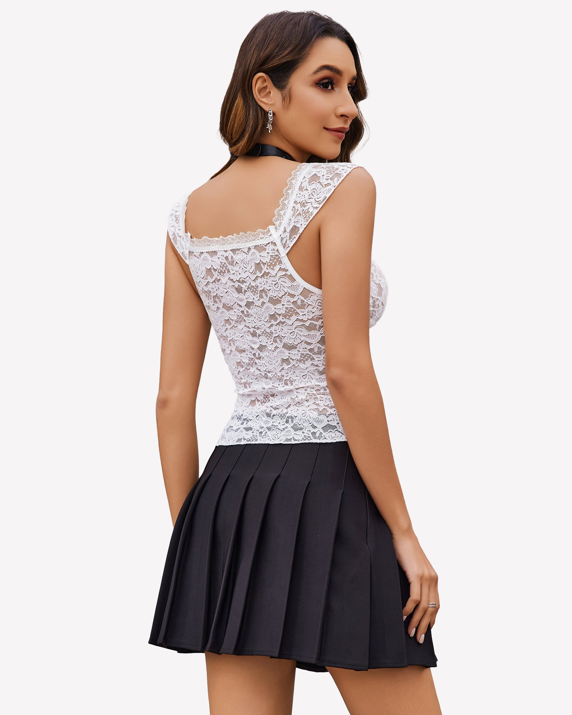 White lace crop top with black pleated mini skirt, Y2k style lingerie, sexy outfit