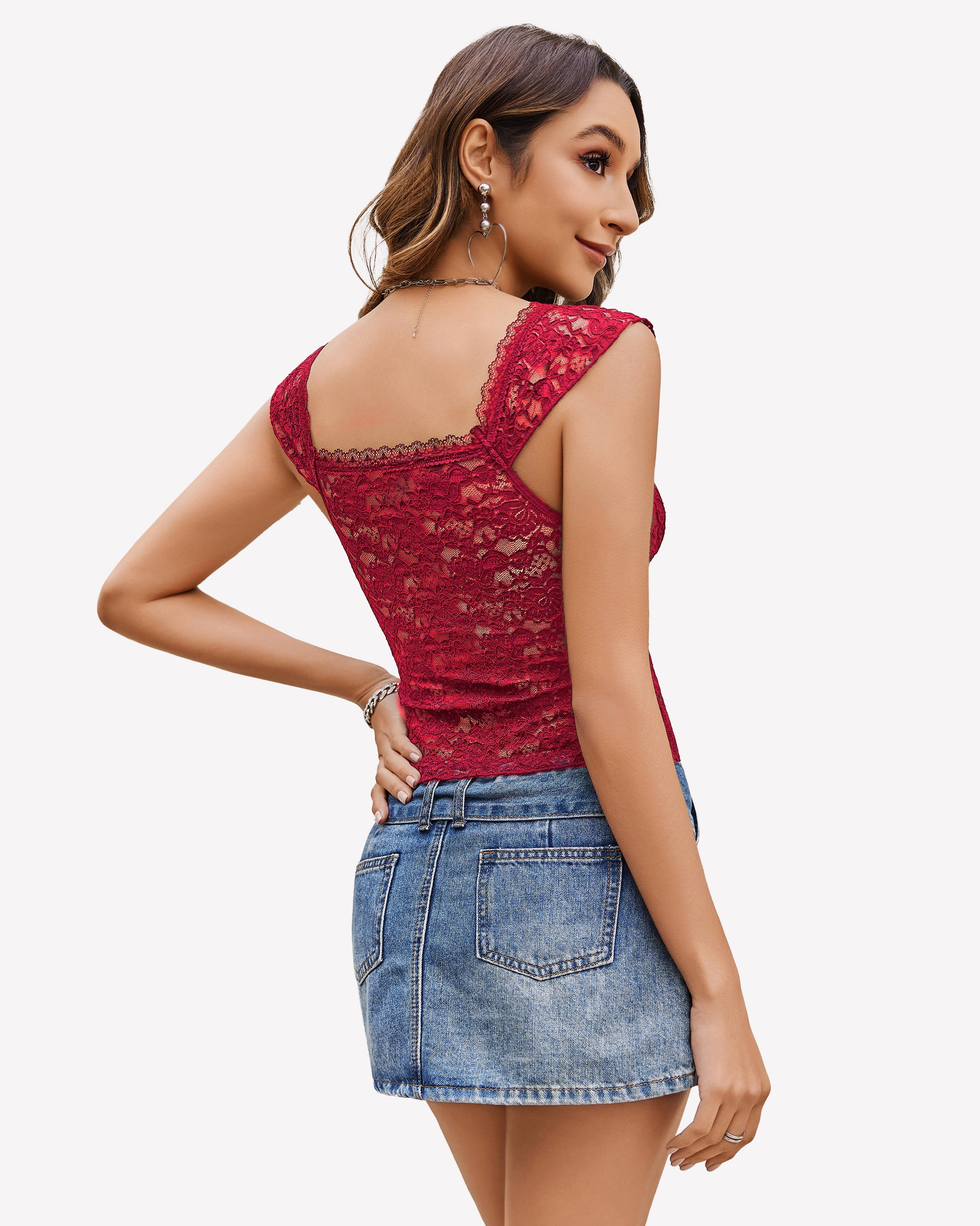 Red lace crop top with square neck and denim mini skirt, Y2k style lingerie for women