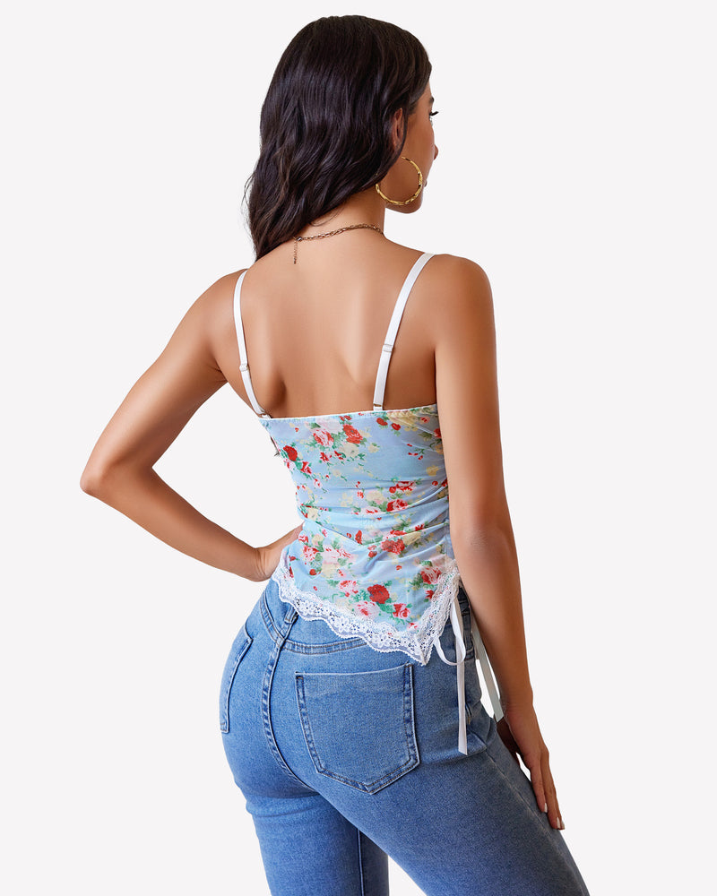 Sheer floral cami top with lace trim and drawstring design. Sexy crop top.