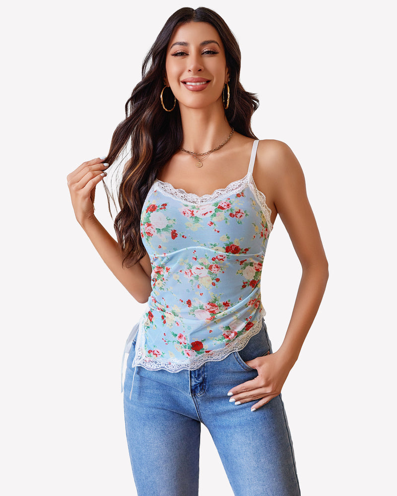 Floral sheer cami top with lace trim, drawstring design, and adjustable straps. Sexy crop top.