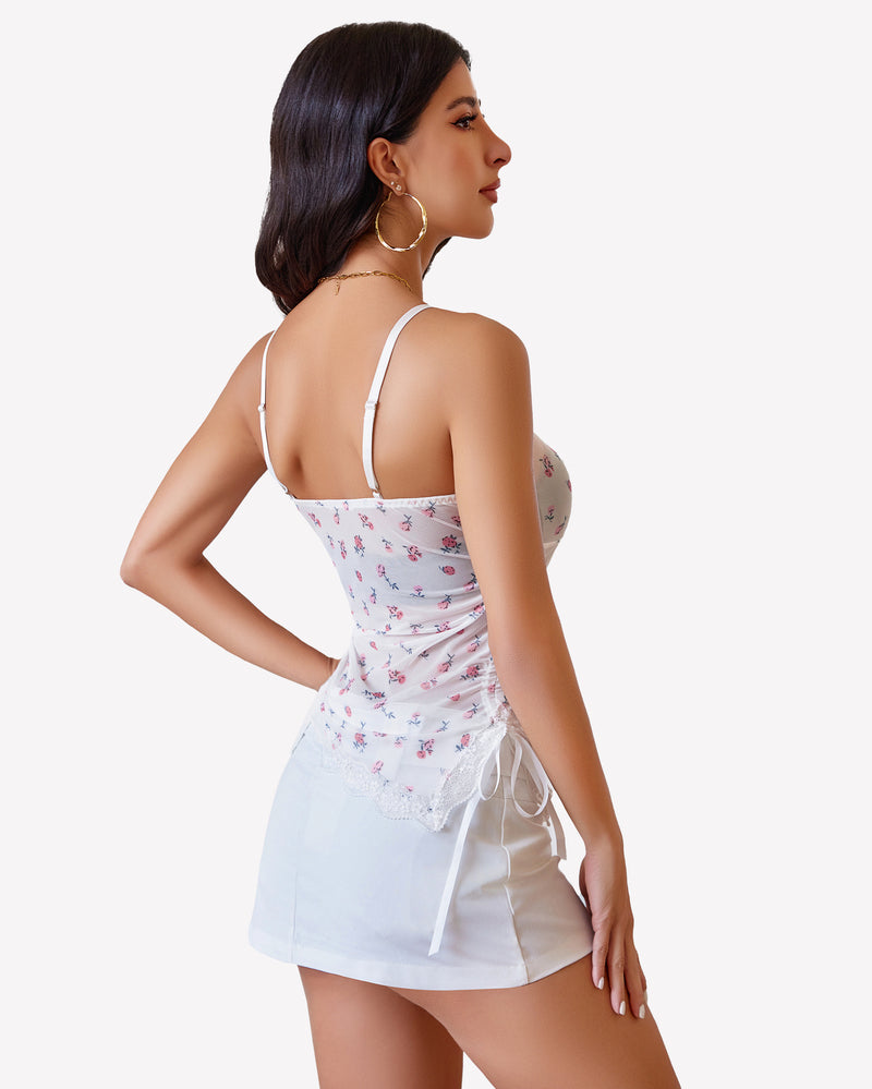 Floral sheer cami top with lace trim and drawstring design, white skirt. Sexy crop top.