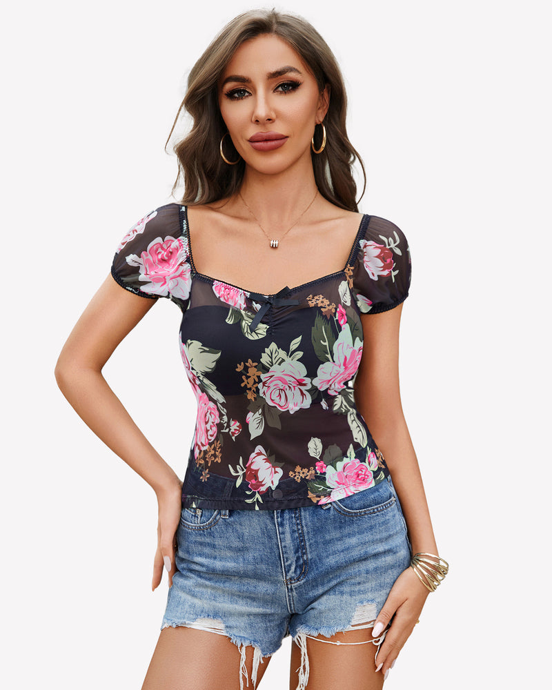 Black floral sheer mesh top with square neckline, short sleeves, and denim shorts. Sexy lingerie.