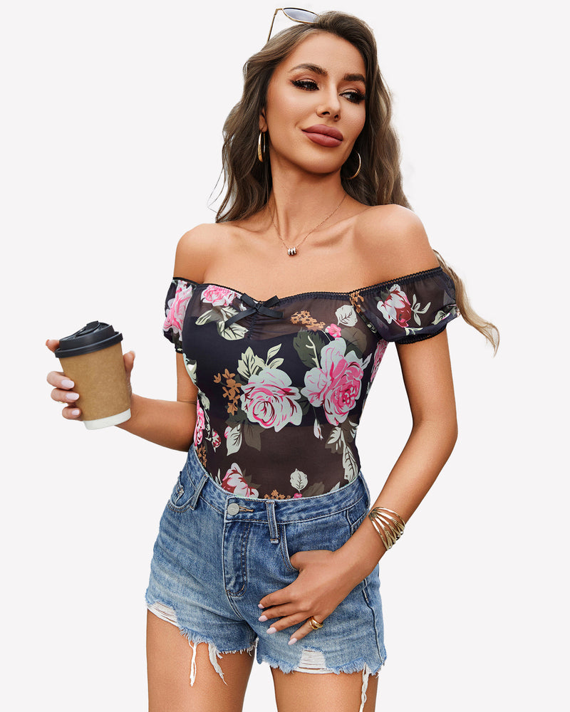 Floral sheer mesh top with square neckline, short sleeves, paired with denim shorts. Sexy lingerie.