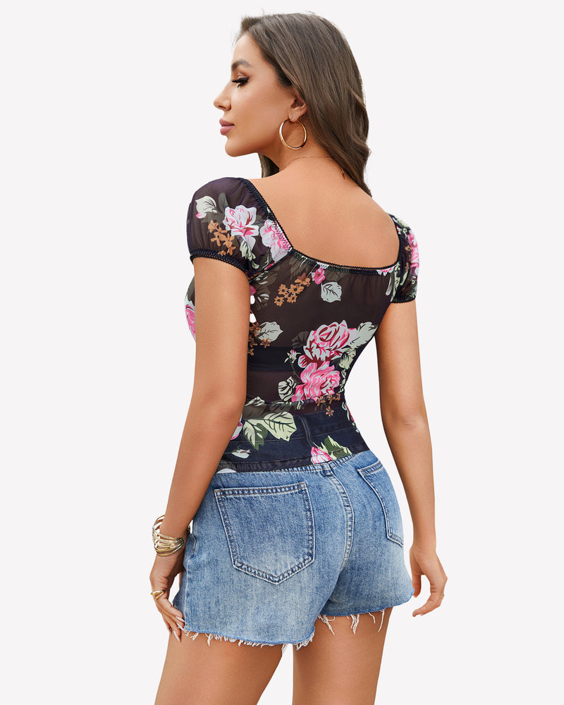 Sheer mesh top with floral print, square neck, short sleeves, and denim shorts. Sexy lingerie.