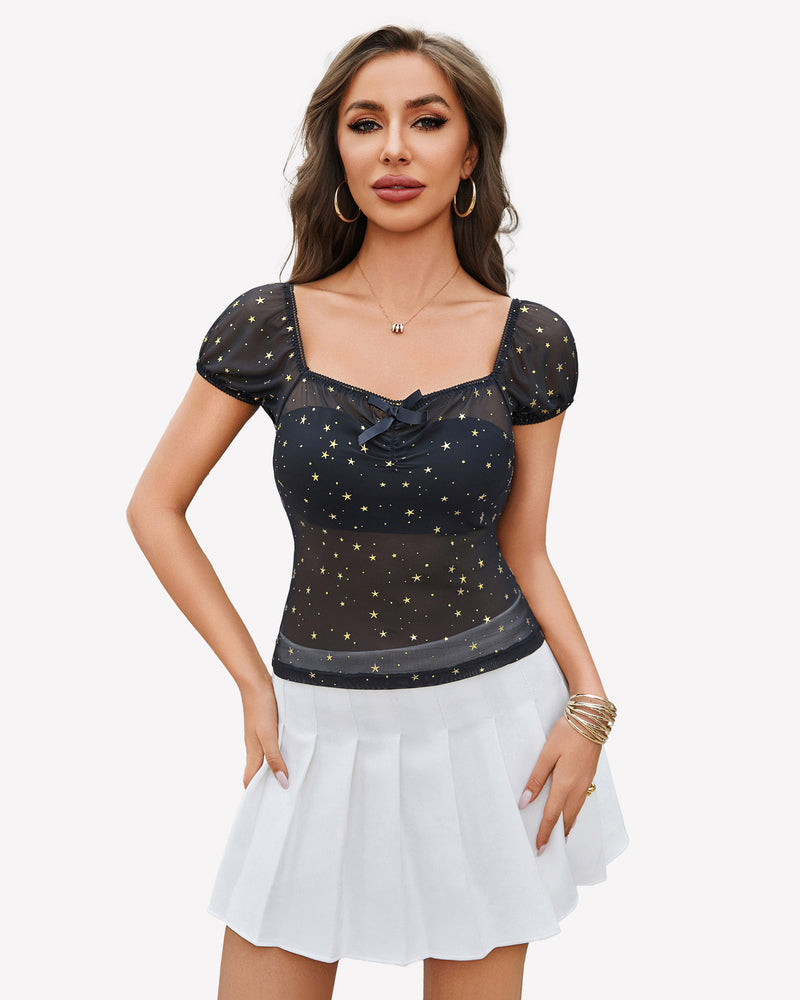 Black sheer mesh top with gold star print, square neckline, and bow detail.