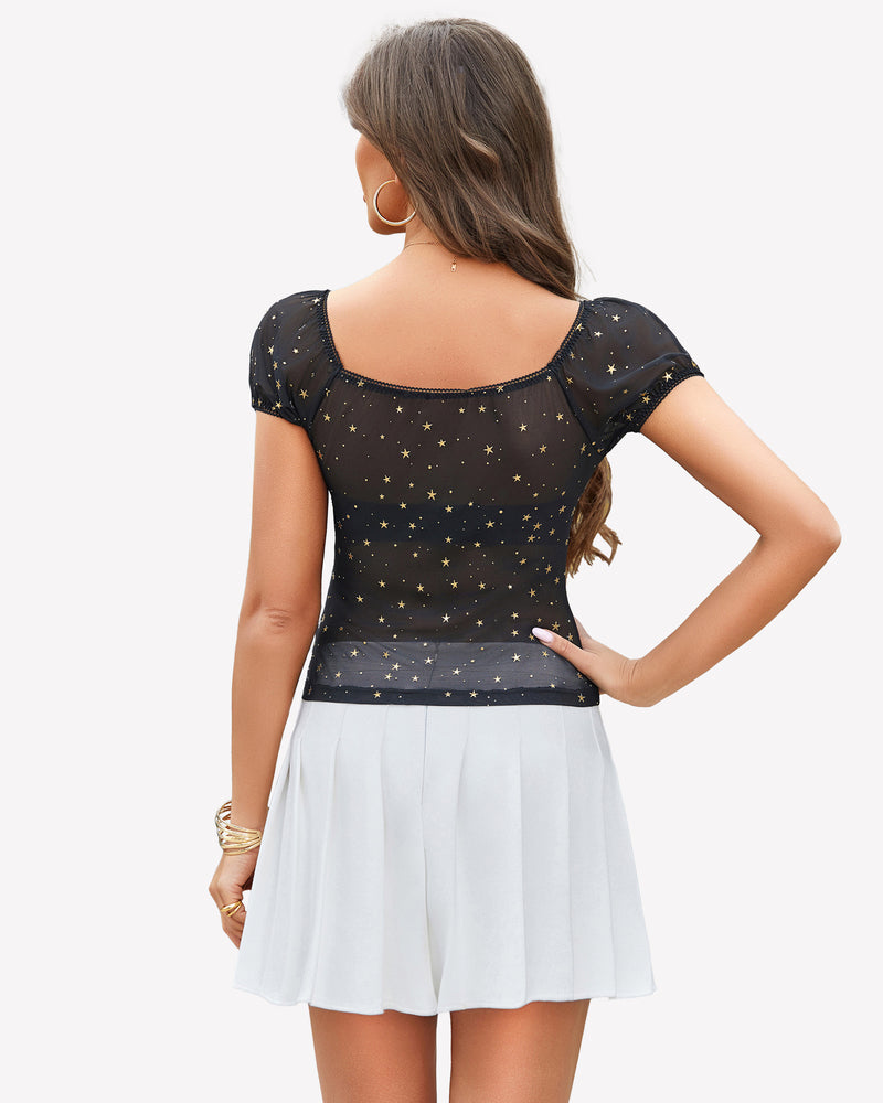 Black star print sheer mesh top with square neck and short sleeves, white skirt