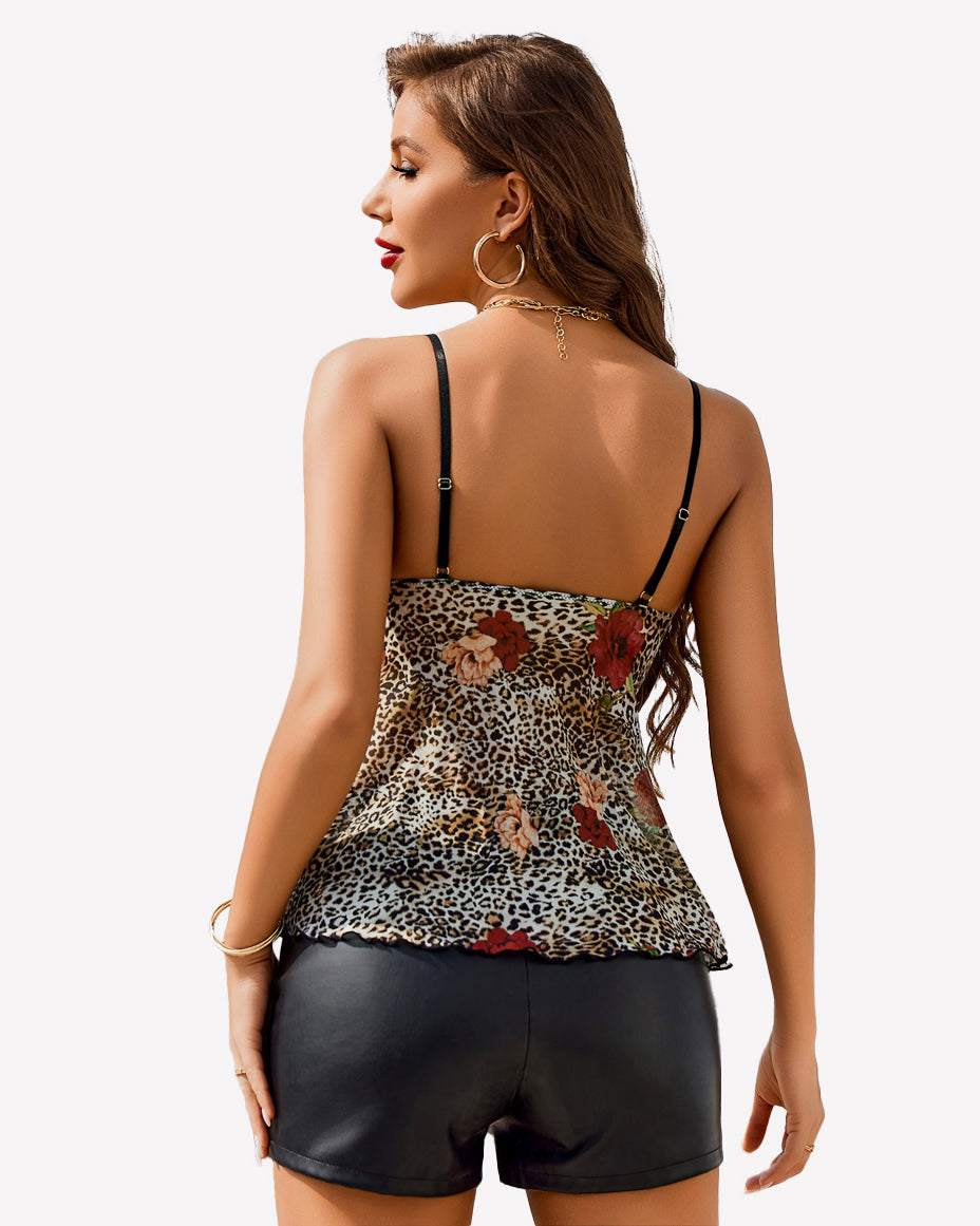 Y2k leopard print cami top with floral design, black leather shorts, ruffled hem