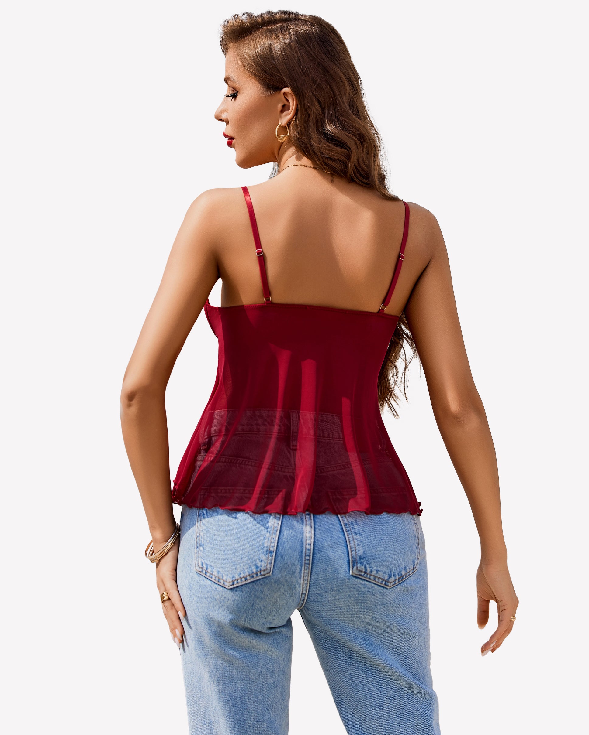 Burgundy Y2k cami top with ruffle design and denim jeans. Sexy lingerie. Adjustable straps.